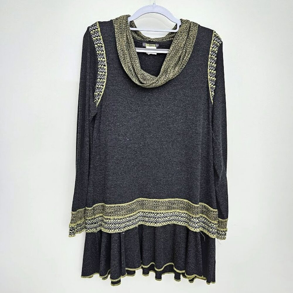 Dolcezza Art to Wear Cowl Neck Langenlook Style Gray and Green Tunic Top